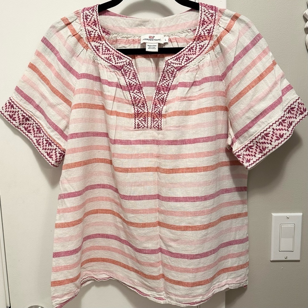 Vineyard Vines Linen Cotton Striped Popover Blouse Peasant Top Womens L Pink